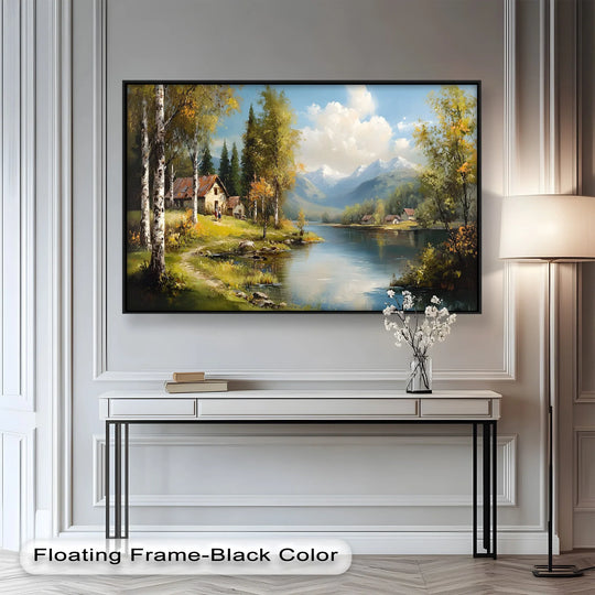 Cascading light animates this lakeside mountain retreat oil painting home decor, bringing its cottages, trees, and mountain reflections to vibrant life.