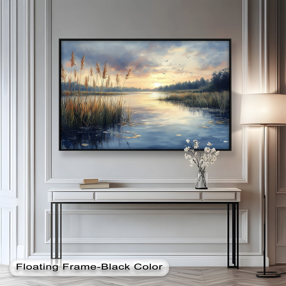 Peaceful marshland scene featuring soft light and calm reflections.
