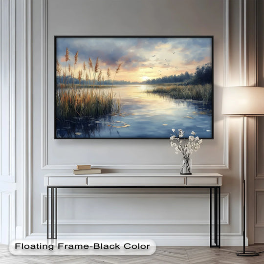 The darkest area showcases the depths of the lake, enhancing the serene feel of this 'Lake Sunrise' oil painting art piece and highlighting the light reflecting on the water.