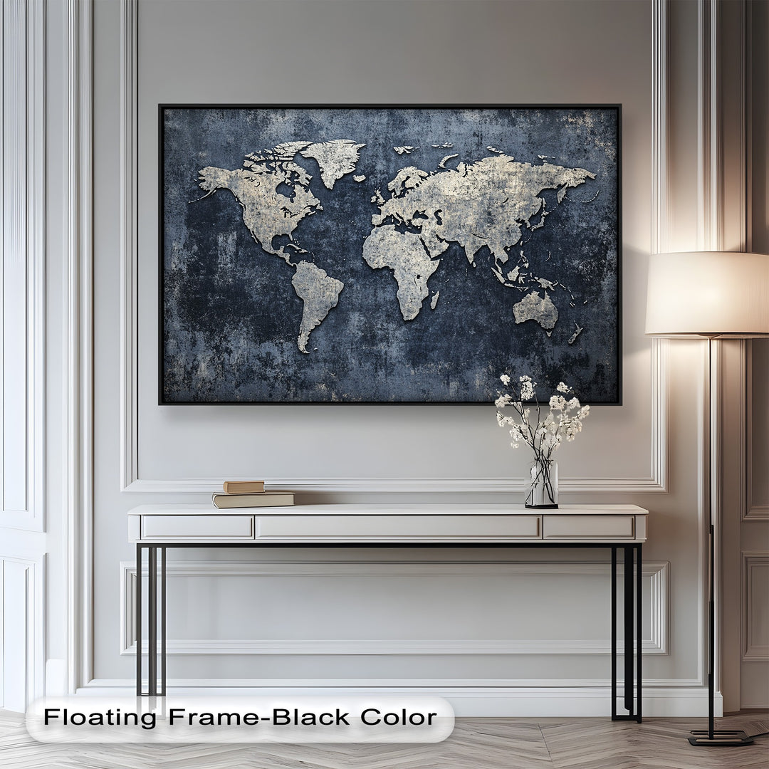 Vintage world map wall art with weathered metallic textures.
