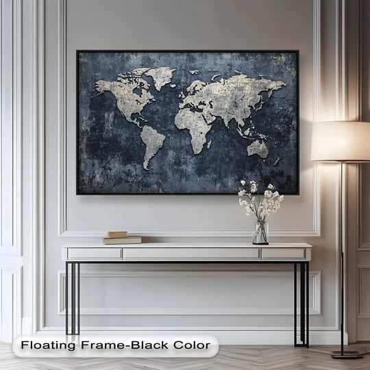Deep navy and silver tones create a striking color contrast in this modern oil painting art of a world map, adding texture and character to any space.