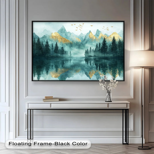 Calm mood emanates from the Mist Mountains – Forest oil painting artwork, portraying misty mountain peaks reflected in a serene lake with gold accents.