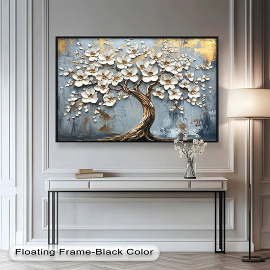 Featuring an abstract quality, the golden blossom tree is a detailed oil painting art piece with textured floral elements on a mixed gold and gray backdrop.