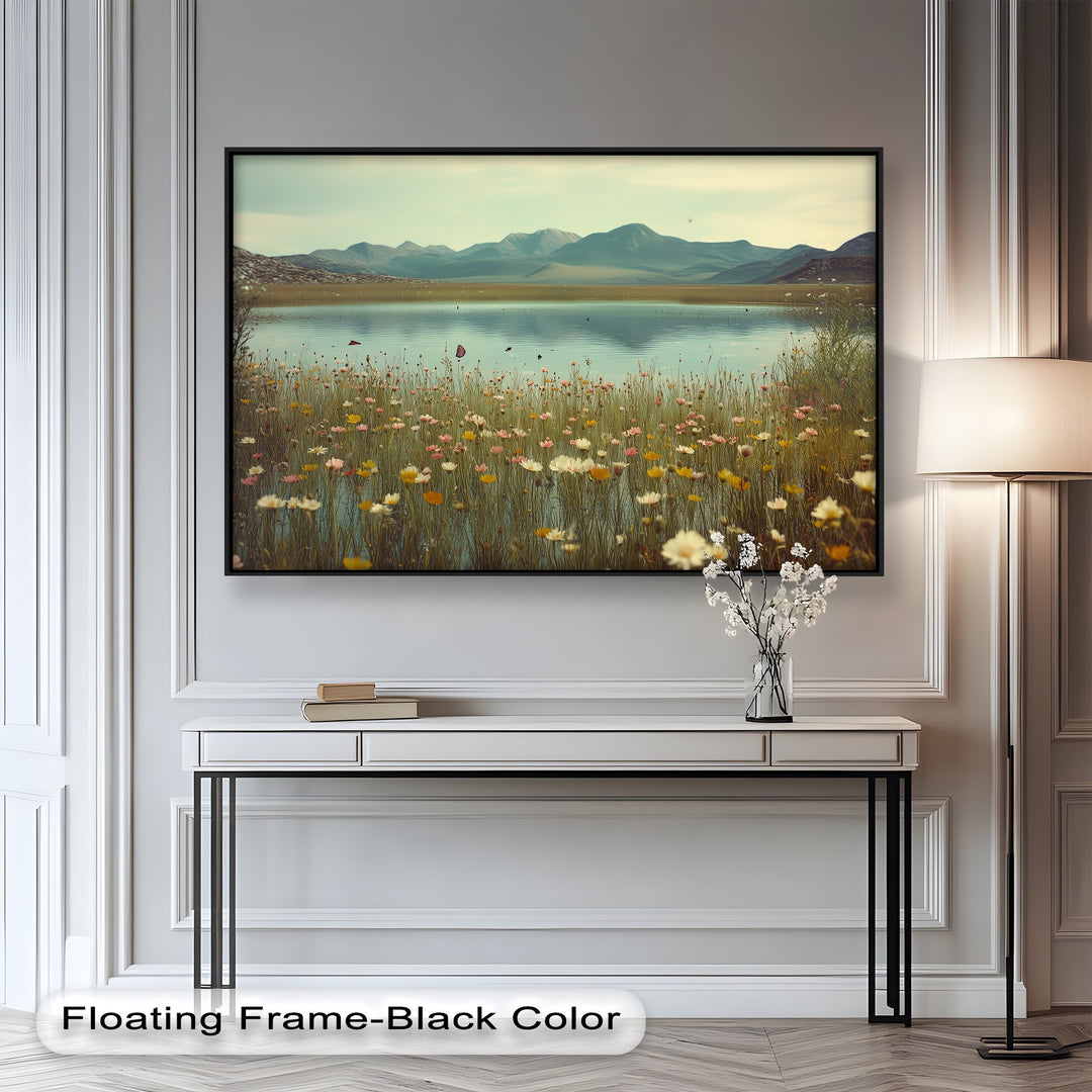 Butterfly Bloom by the Lake – Framed Oil Painting