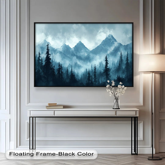 The layering effect of this landscape modern oil painting art showcases a misty mountain scene with pines, creating a tranquil atmosphere.