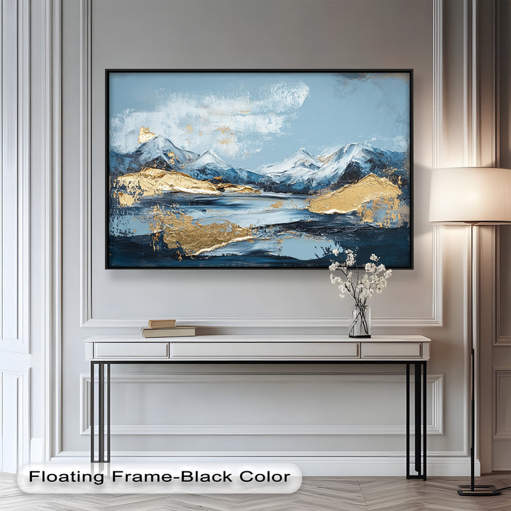 Blue and gold snowcapped peaks in luxury wall art.
