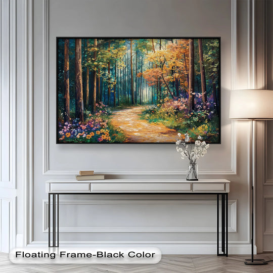 The abstract quality of this colored autumn forest oil painting wall art is emphasized through vibrant brushstrokes that capture the essence of a sunlit woodland path.