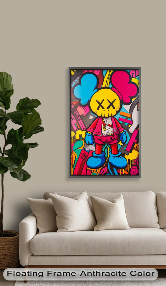 The layering effect in this KAWS graffiti oil painting creates depth through the contrasting neon colors and textures, showcasing modern oil painting art.