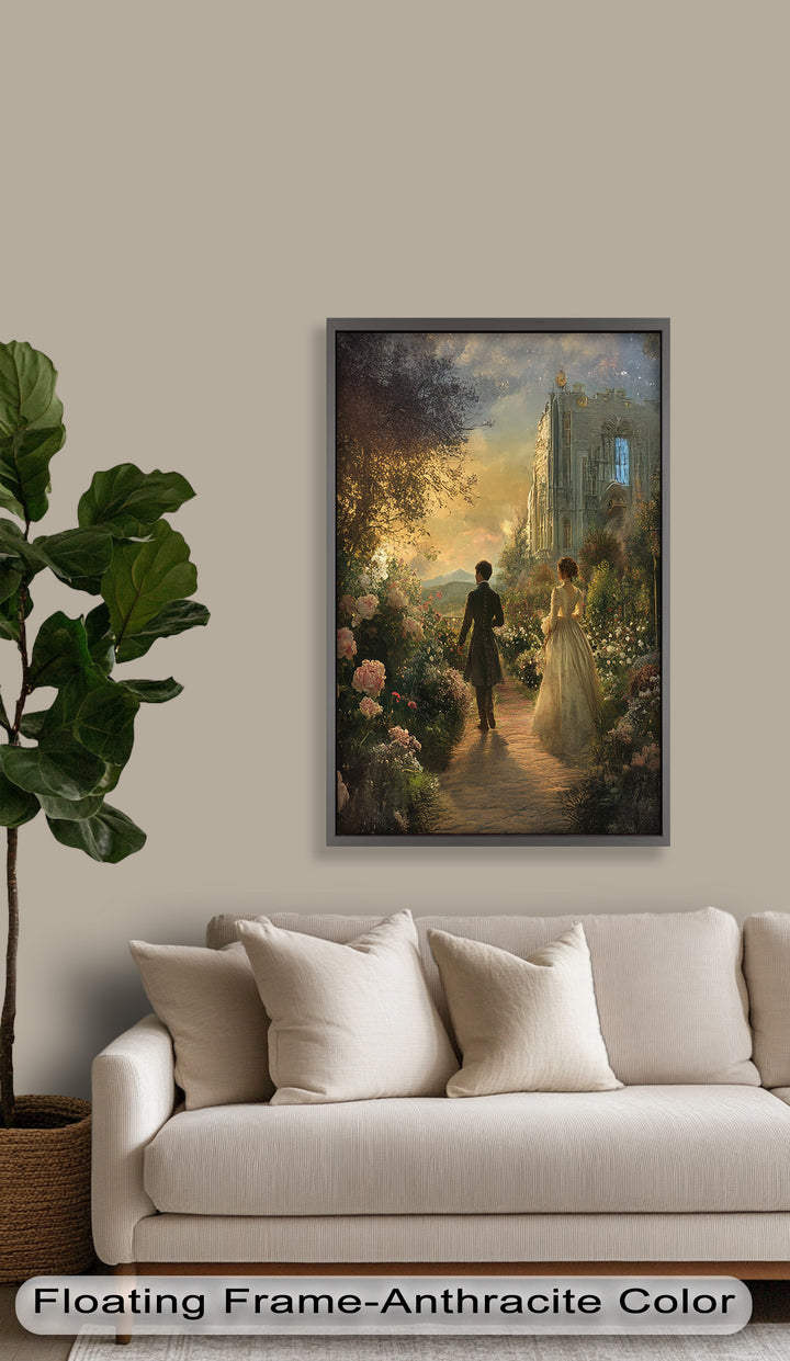 Victorian Lovers at Twilight – Romantic Garden Walk Oil Painting