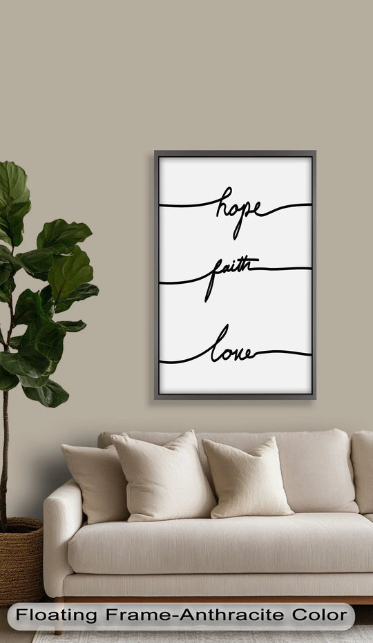 Featuring a smooth finish, this minimalist Christian oil painting presents 'Hope Faith Love' as modern oil painting art for sophisticated home decor.
