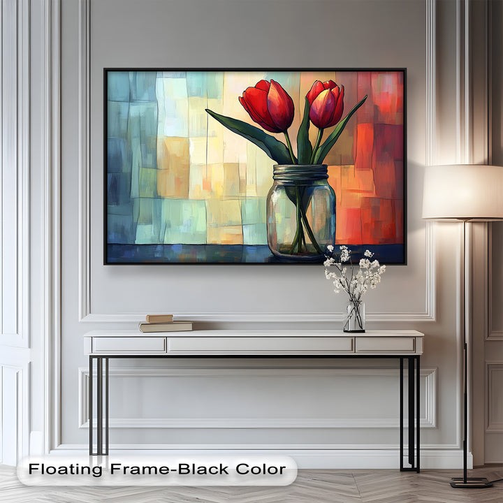 Red and Orange Tulips in Glass Vase – Bold Floral Oil Painting