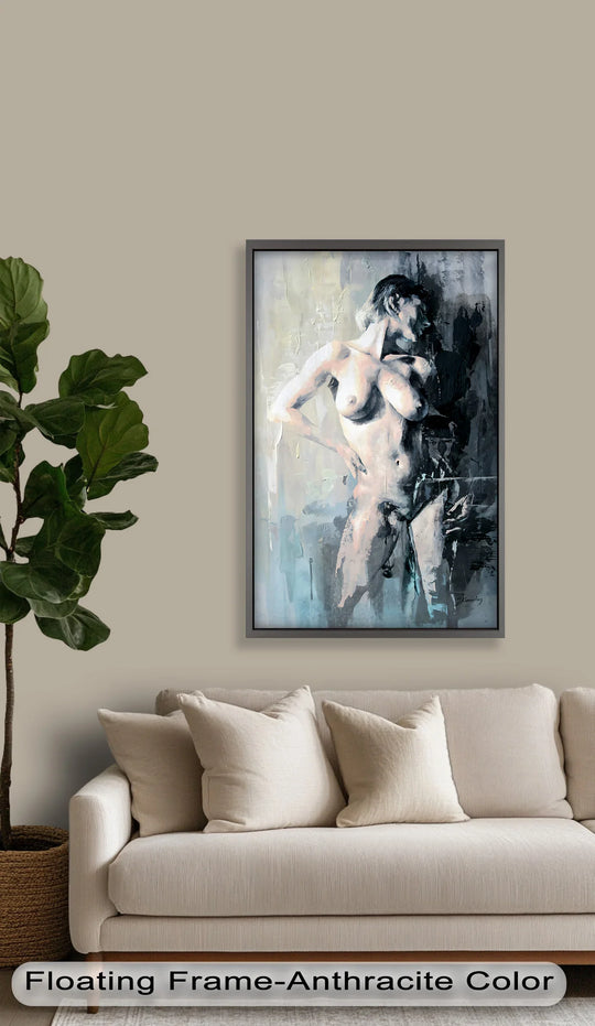 Visual rhythm is captured through the expressive brushstrokes of this contemporary nude oil painting decoration, creating an engaging and dynamic composition of light and shadow.