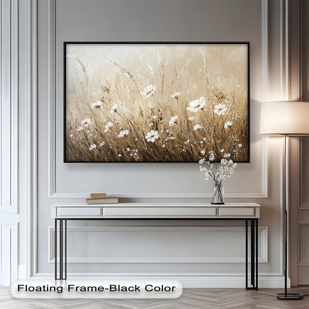 Delicate white wildflowers in a golden beige field.
