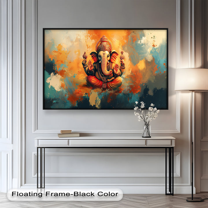 Orange Ganesha Wandkunst – Religiöses Ölgemälde