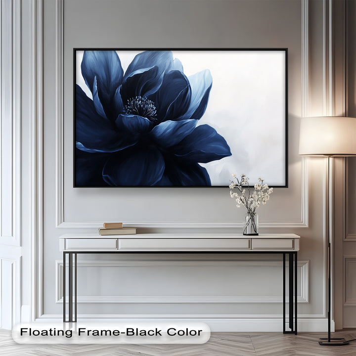 Midnight Bloom Wall Art – Navy Blue Floral Oil Painting