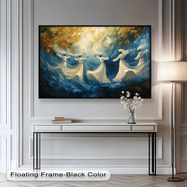 A mystical artwork capturing dervishes in mid-whirl, their movements blending with abstract waves of color and divine light.