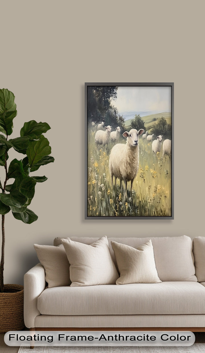 Sheep in Spring Meadow – Pastoral Oil Painting