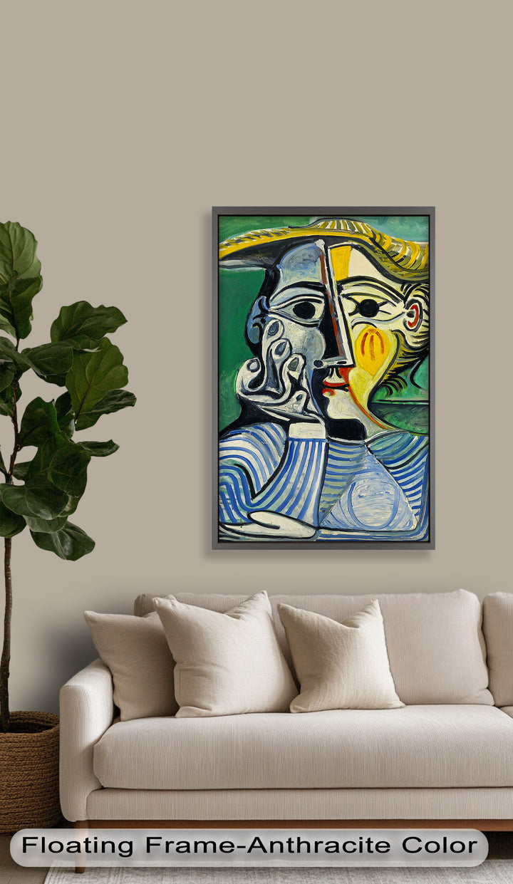 Nachdenklicher Blick – Gestreifte Frau mit Sonnenhut Picasso Ölgemälde