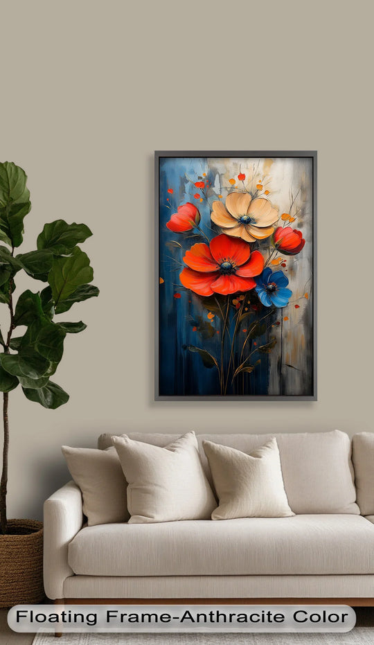 Creamy sofa cushions emphasize the softest element, contrasting with vibrant Colorburst Petals, a bold poppy bouquet flower oil painting art prints.