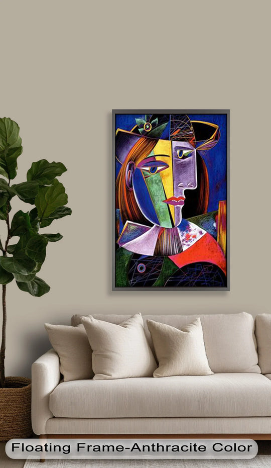 Negative space emphasizes the vibrant woman in a flower hat through bold, colorful shapes, exemplifying striking oil painting art prints.