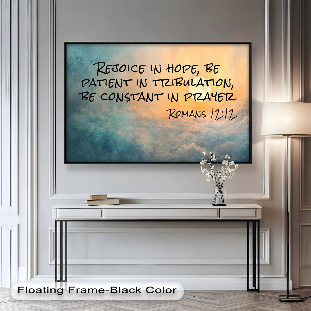 Inspirational sky painting with Romans 12:12 about hope, patience, and prayer.
