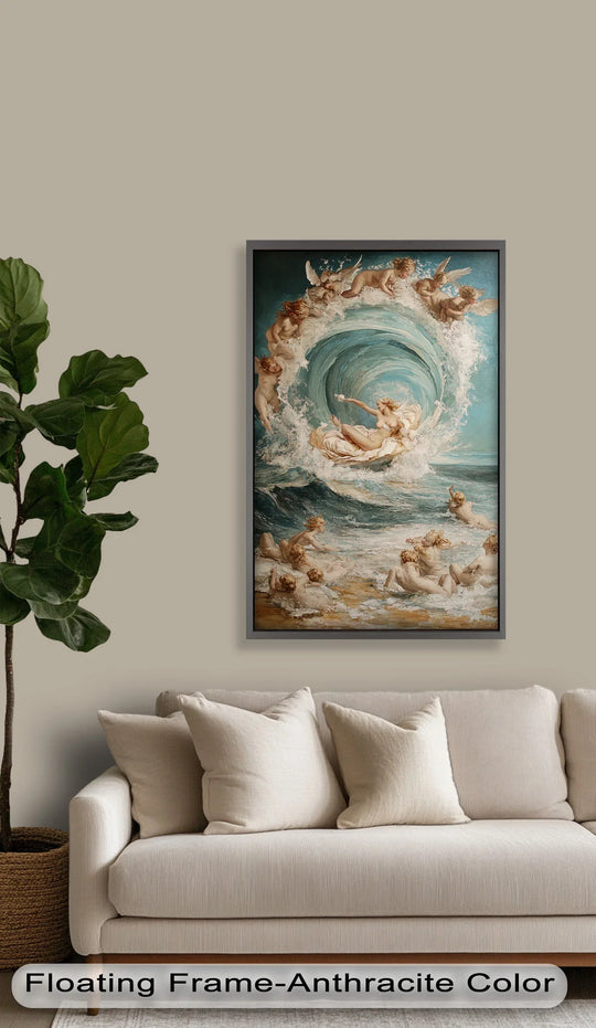 The anthracite floating frame highlights the classical style of this oil painting reproduction print, showcasing a mythological sea goddess surrounded by cherubs and swirling waves.