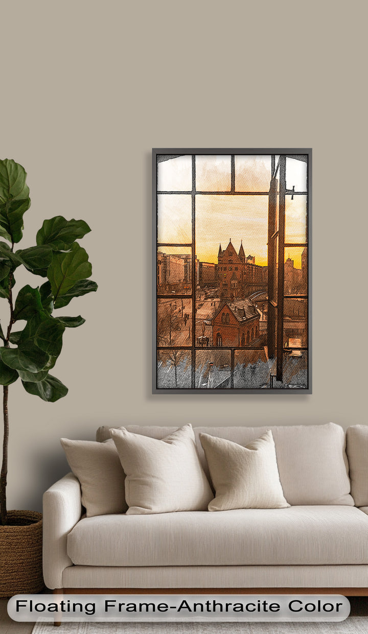 Sonnenuntergang über der Altstadt - Historisches Ölgemälde