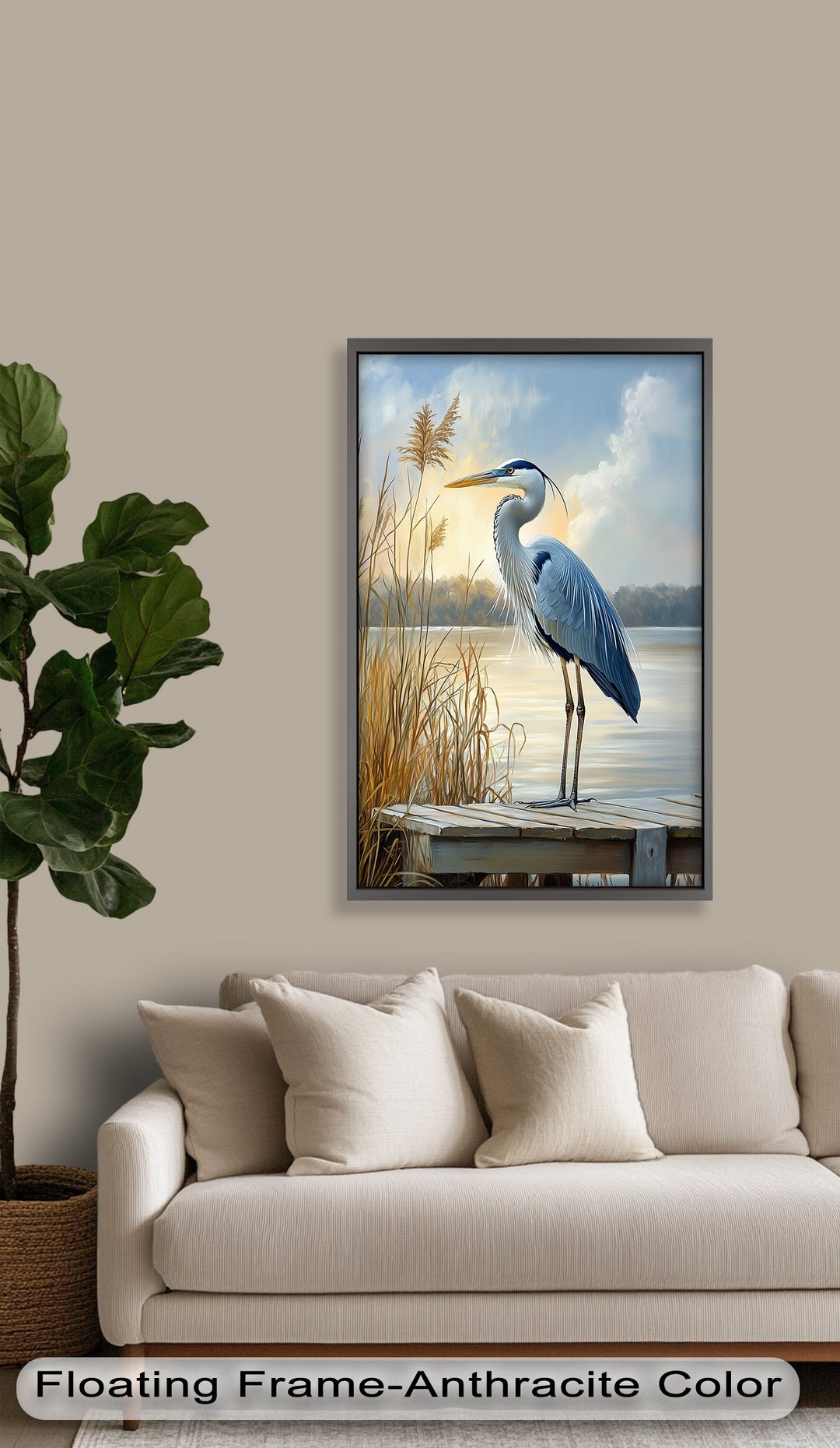 Majestic Heron in Misty Marshland - Animal Oil Painting