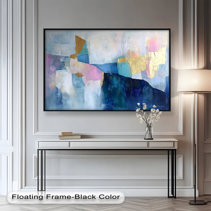 Contemporary geometric wall art featuring deep blues and shimmering gold accents.
