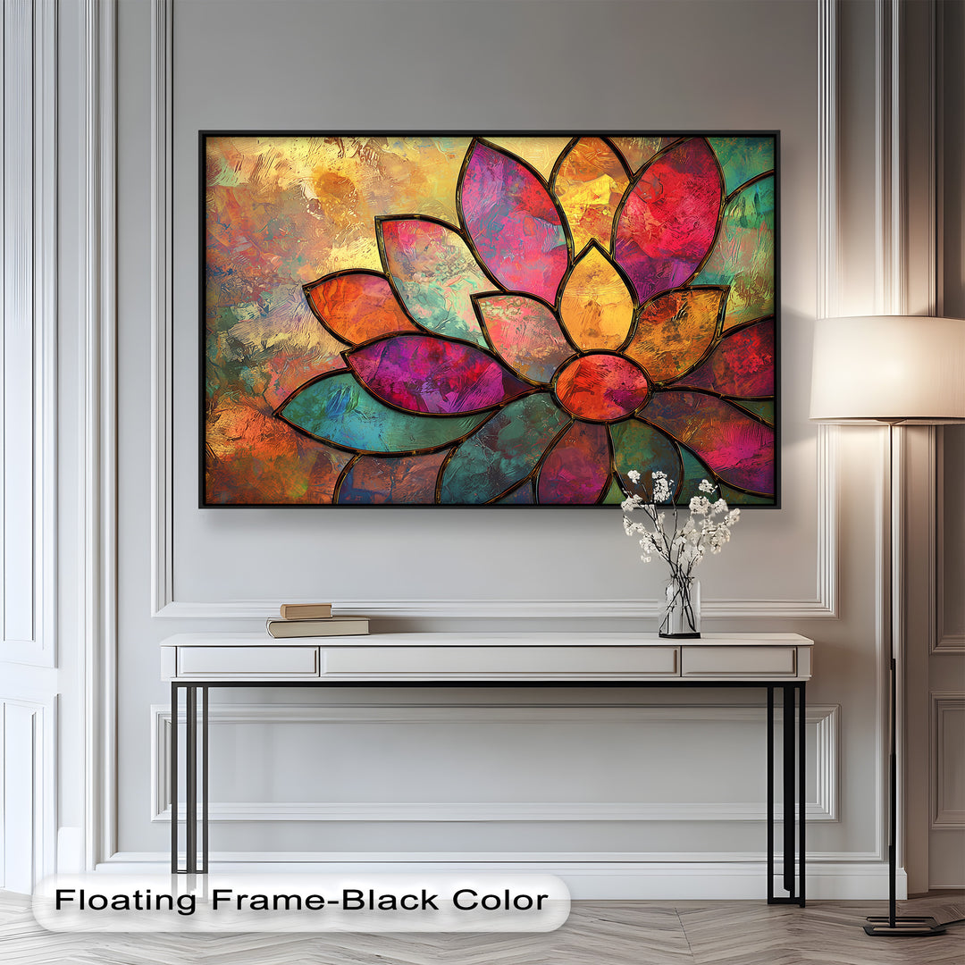 A mesmerizing abstract floral painting featuring a vibrant lotus design, where rich jewel-toned petals blend with textured golden hues, creating a luminous and dynamic composition.