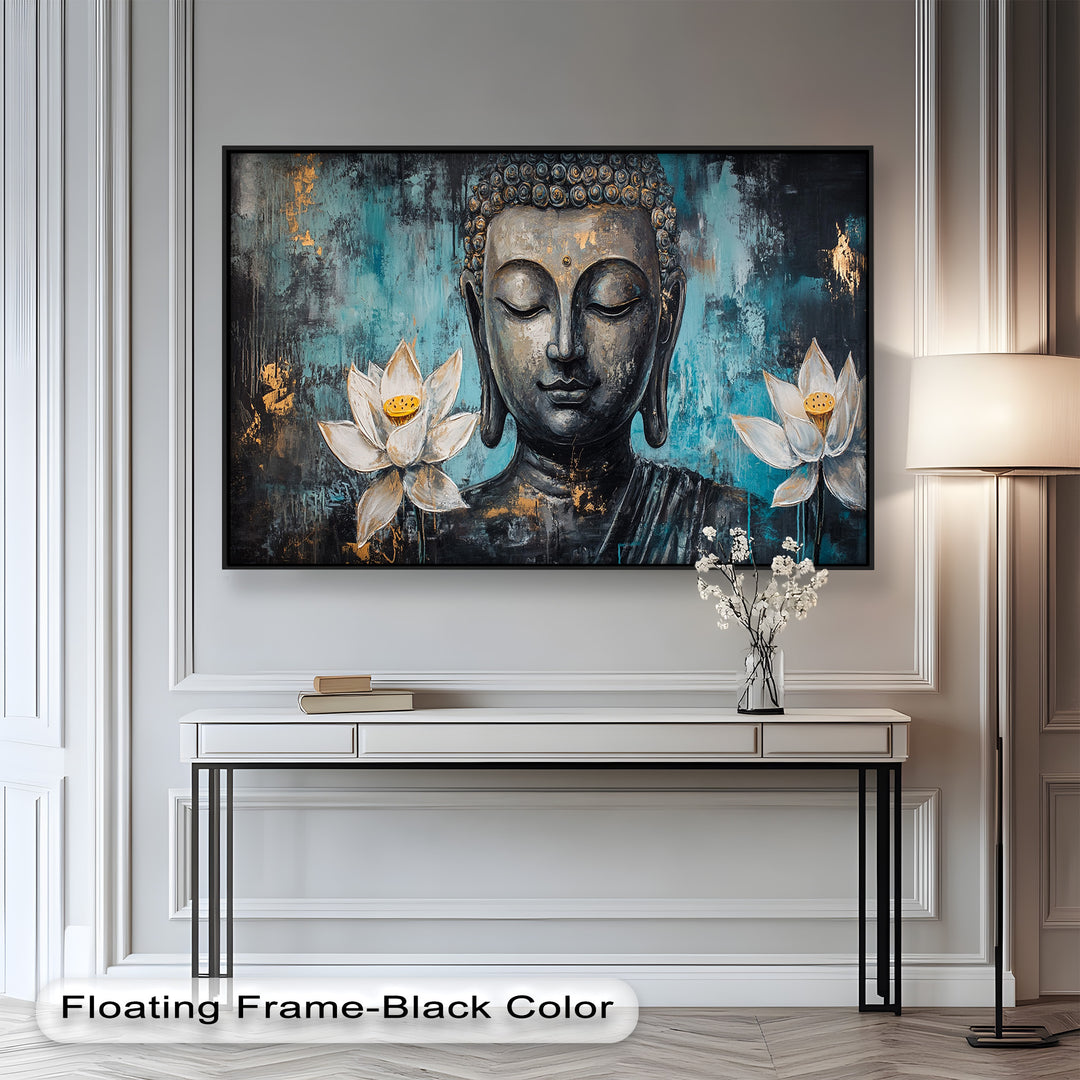 A serene painting of Buddha with closed eyes, surrounded by blooming white lotus flowers against a textured teal and gold background.
