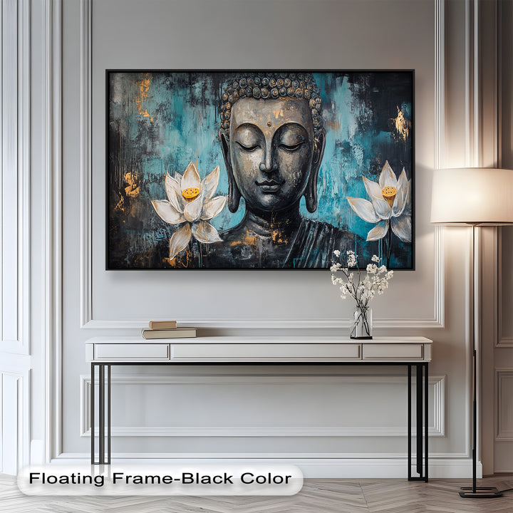 A serene painting of Buddha with closed eyes, surrounded by blooming white lotus flowers against a textured teal and gold background.