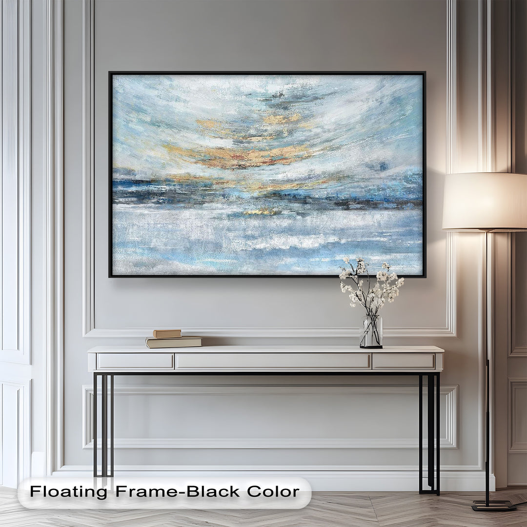 Abstrakte blaue gerahmte Kunst – Modernes expressionistisches Ölgemälde