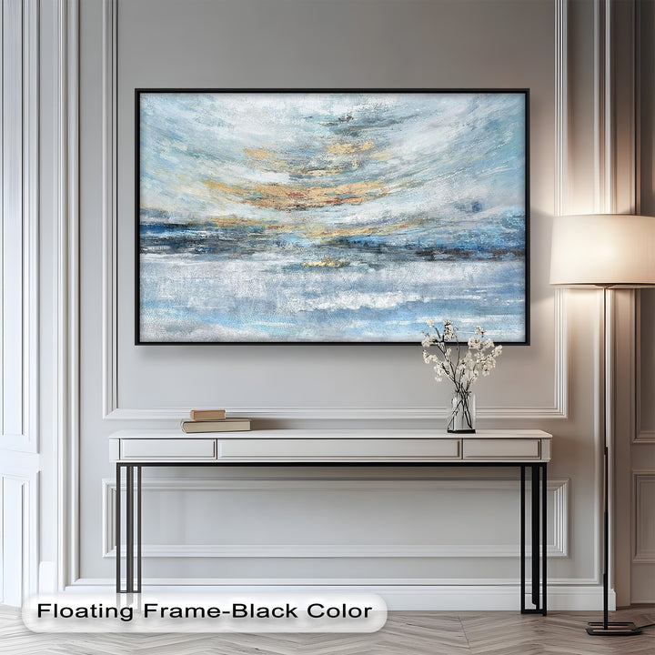 Abstrakte blaue gerahmte Kunst – Modernes expressionistisches Ölgemälde
