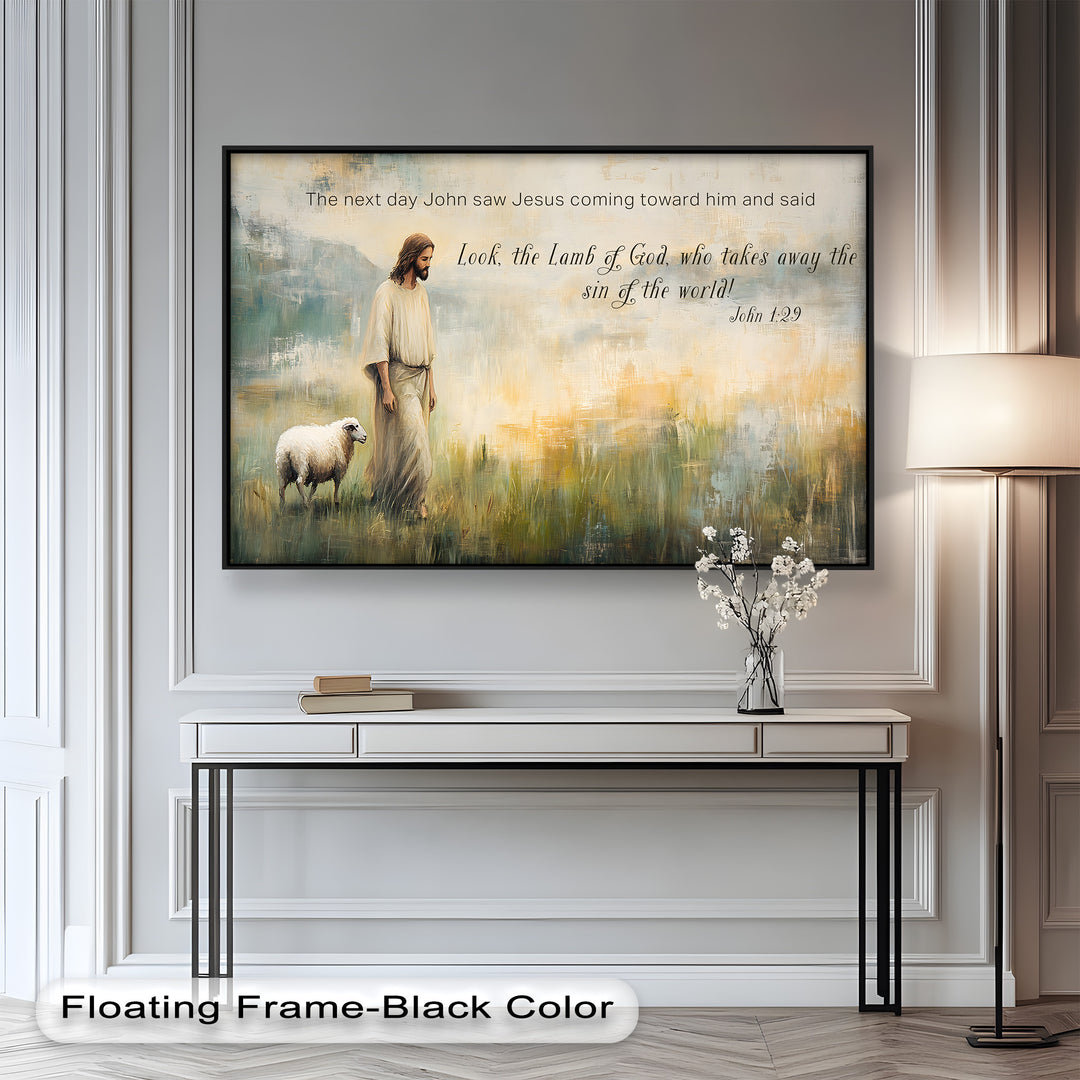 Spiritual painting featuring Jesus and a lamb, symbolizing John 1:29.
