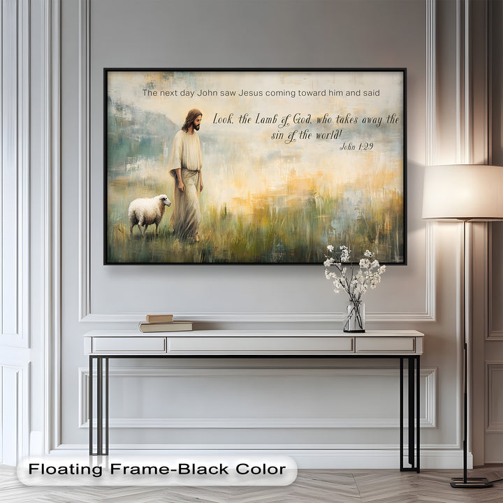 Spiritual painting featuring Jesus and a lamb, symbolizing John 1:29.
