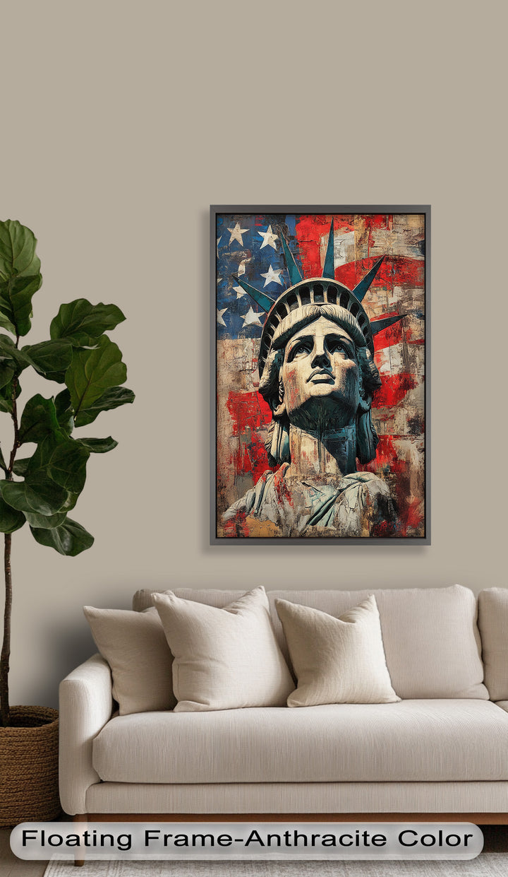 Freiheitsstatue mit amerikanischer Flagge - Patriotisches Ölgemälde