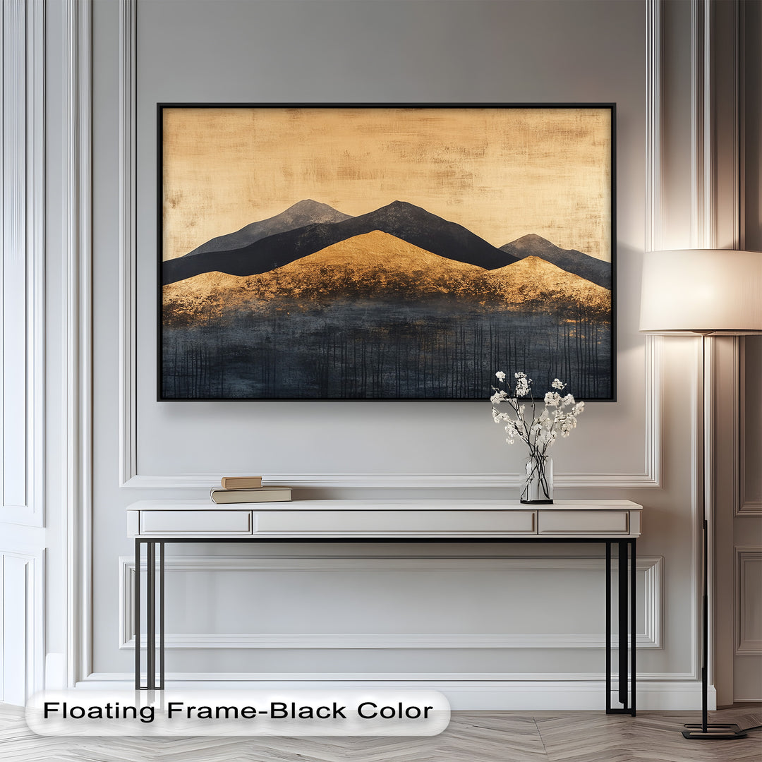 Modern gold mountain painting with layered black silhouettes and textured finish.
