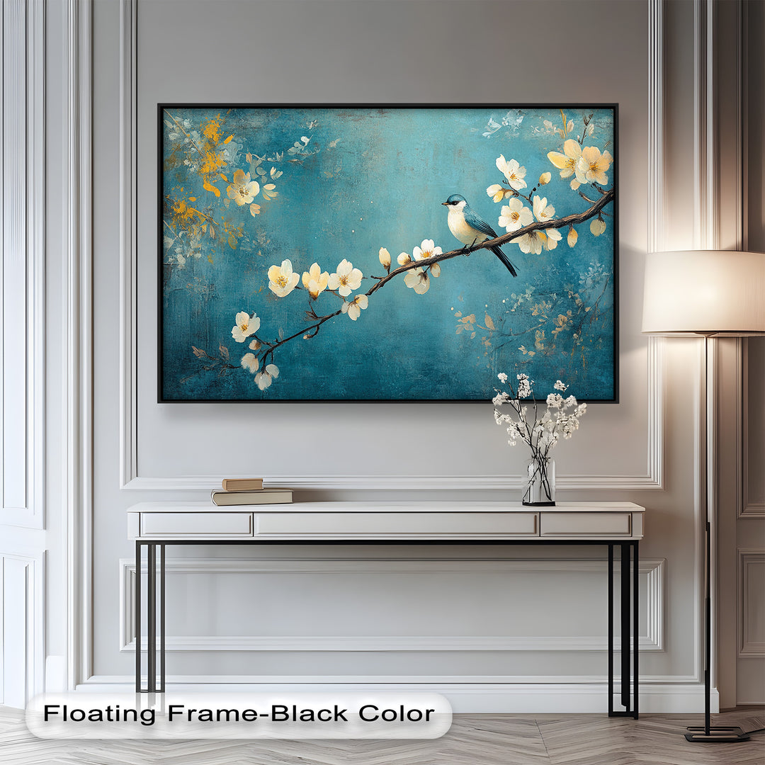 An elegant bird and floral artwork with a light blue background, capturing the calm beauty of springtime.