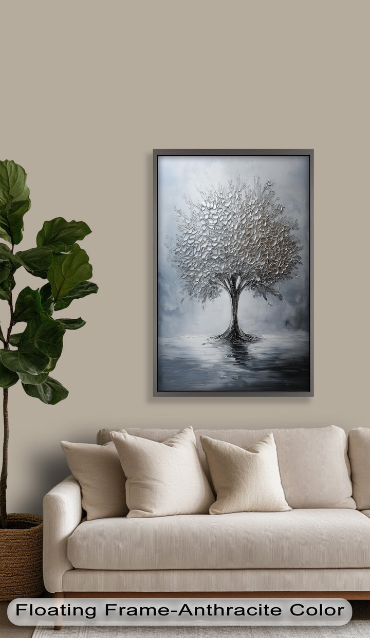 Silver Stillness – Tree in Monochrome Abstract Oil Painting