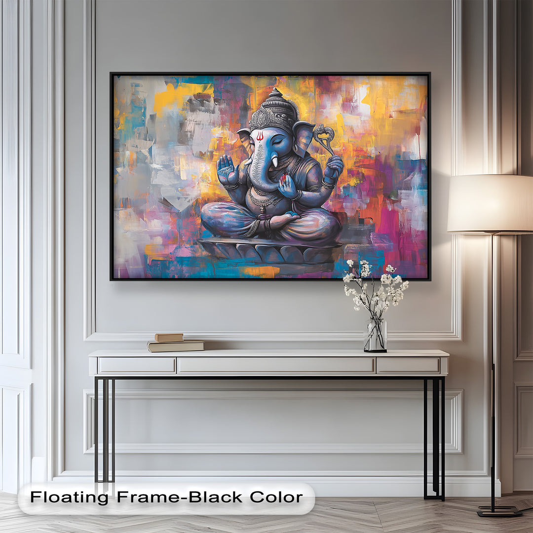 A vibrant modern painting of Lord Ganesha seated in meditation, with hands raised in blessing against an abstract multicolored background.