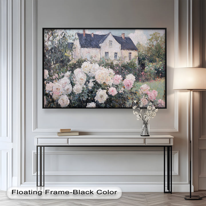 Cottage Garden Roses – Impressionist Floral House Scene Oil Painting