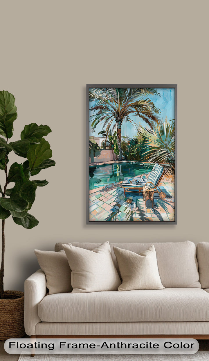 Poolside Palm Tree Escape – Tropical Oil Painting