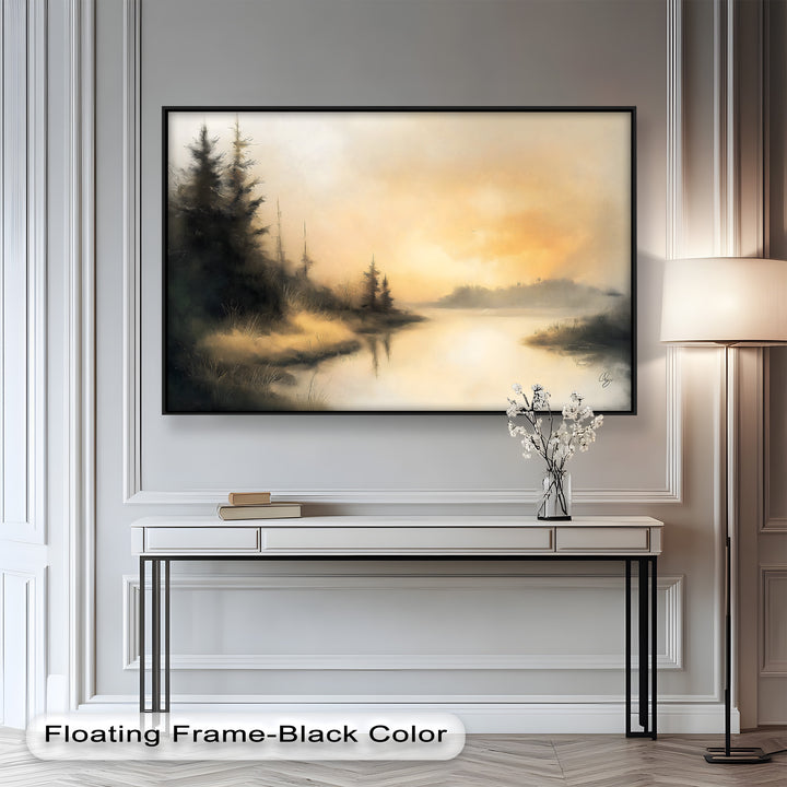 A stunning framed wall art piece depicting a secluded wilderness retreat, with glowing light filtering through misty skies over still waters.