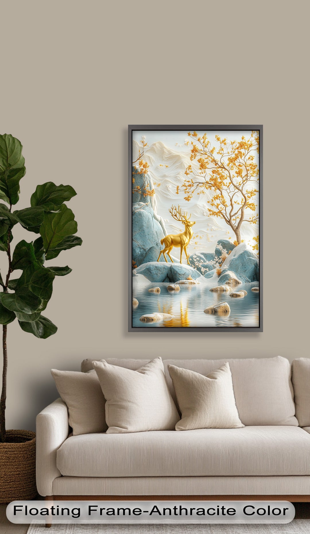 Golden Deer in Snowy Mountain - Animal Oil Painting