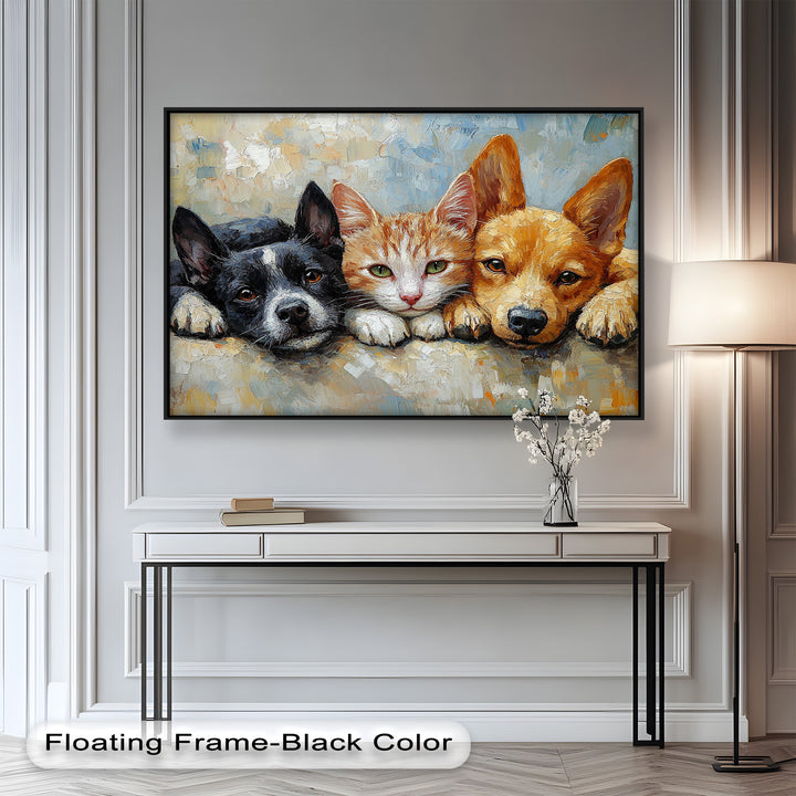 Cat and Dogs Resting Together - Animal Oil Painting