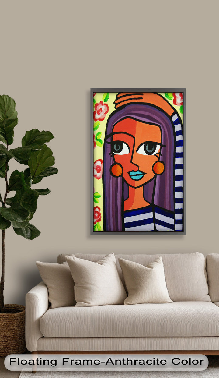Striped Radiance – Playful Woman with Purple Hair Picasso Oil Painting