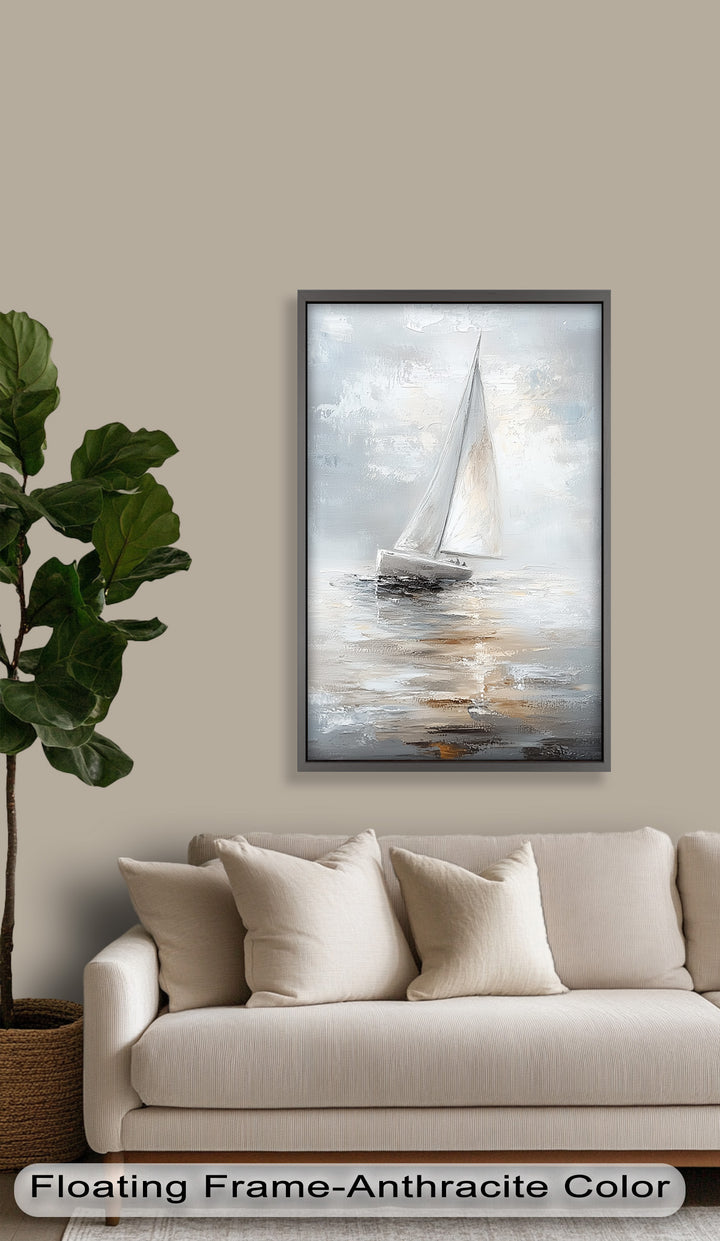 Sailing Through the Mist – White Boat Oil Painting