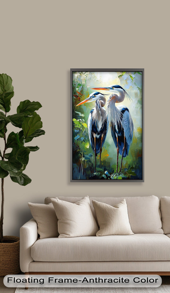 Pair of Herons in Forest Light – Animal Oil Painting