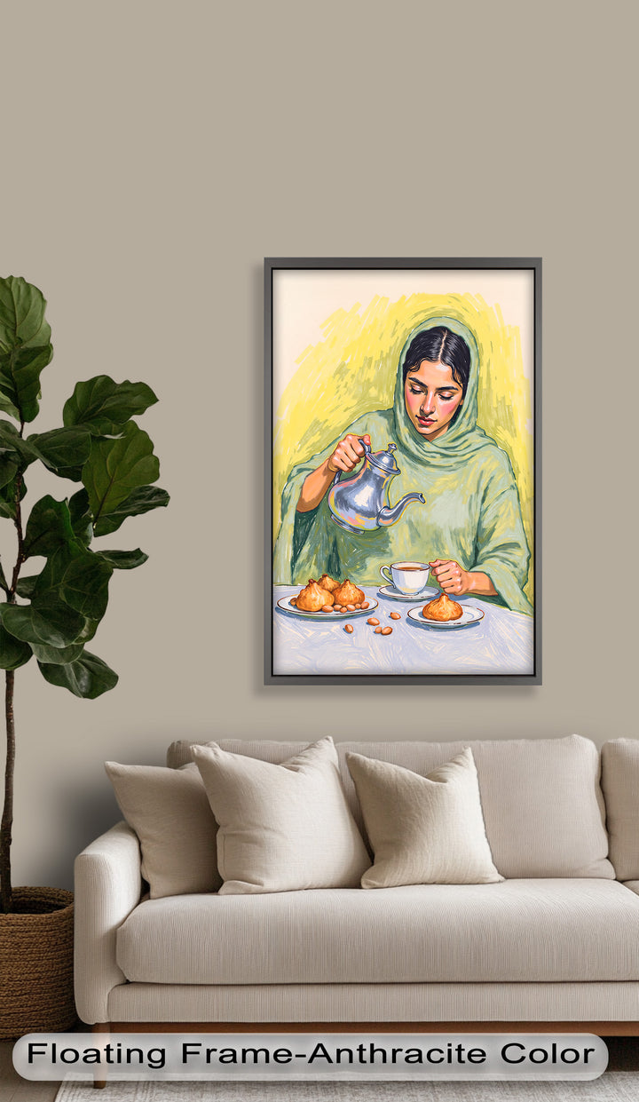 Woman Pouring Tea with Traditional Sweets - Food Painting
